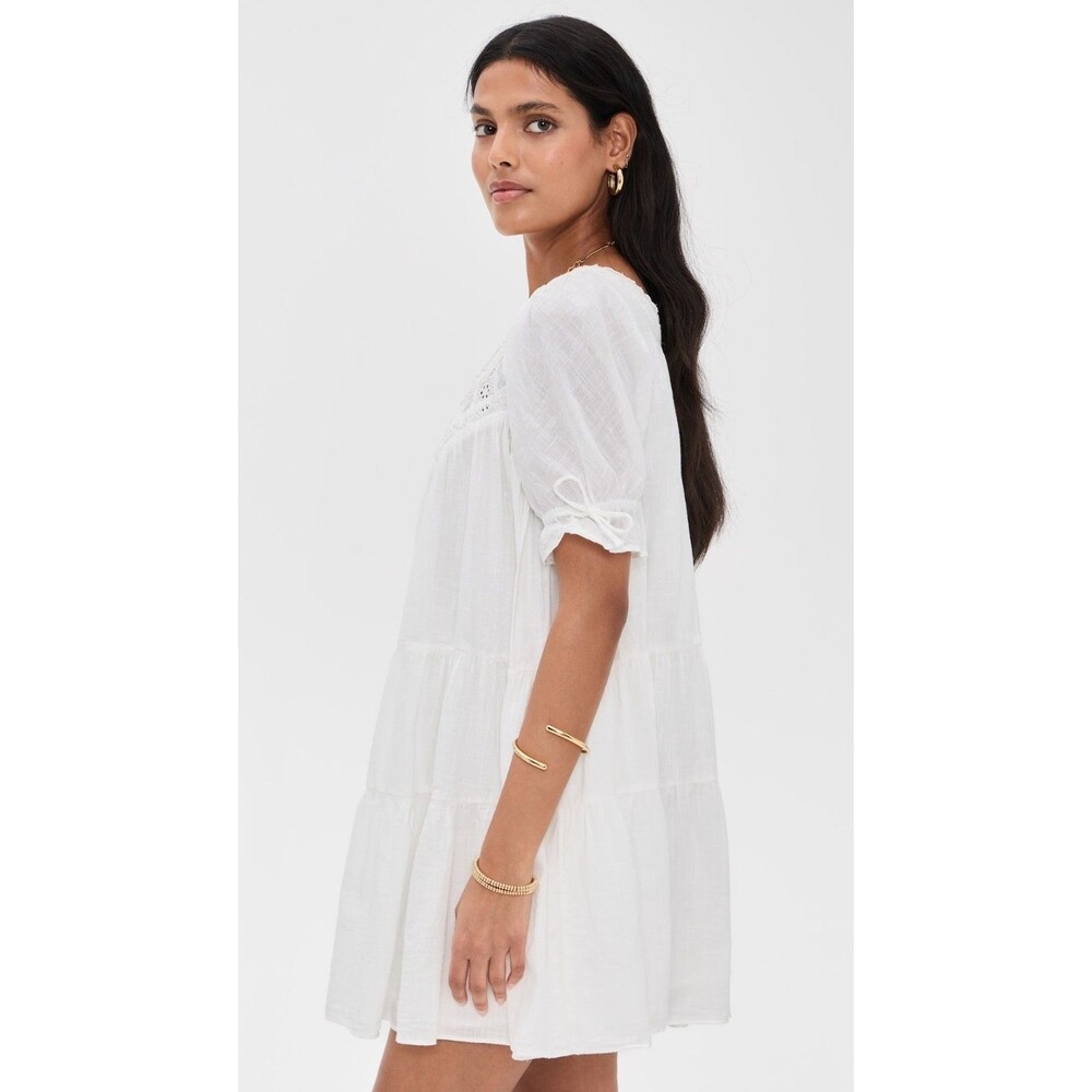 Free People Sandy Shores Babydoll Mini Dress Eyelet Puff Sleeve Solid XS 287320 - Picture 2 of 10